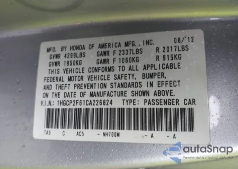 2012 Honda Accord 2.4 Se из США, поврежденный, VIN 1HGCP2F61CA226824